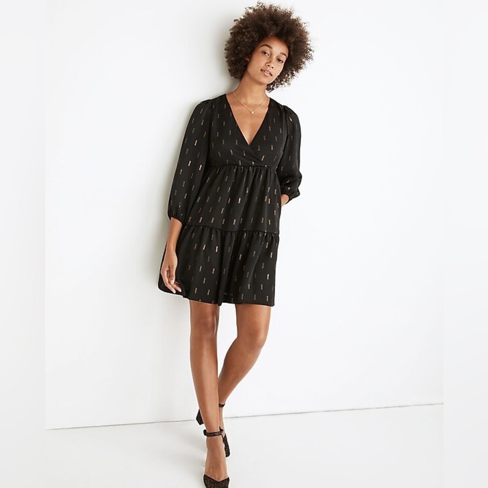 Metallic Jacquard Faux-Wrap Tiered Mini Dress